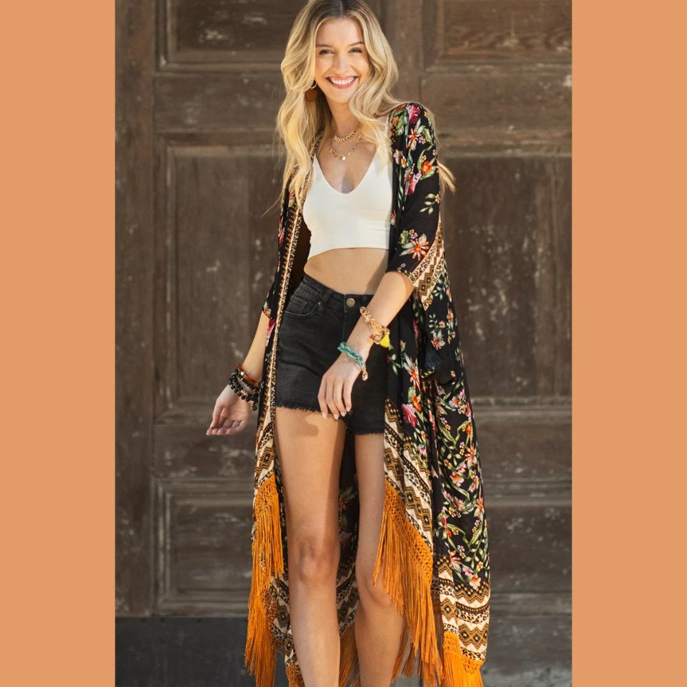 RESTOCK - Boho Floral Print Kimono Tassel Fringe Trim - Picture 3 of 8